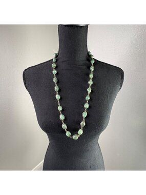 Vintage Jade Necklace Gold Tone Wire Wrap Serpentine Green Good